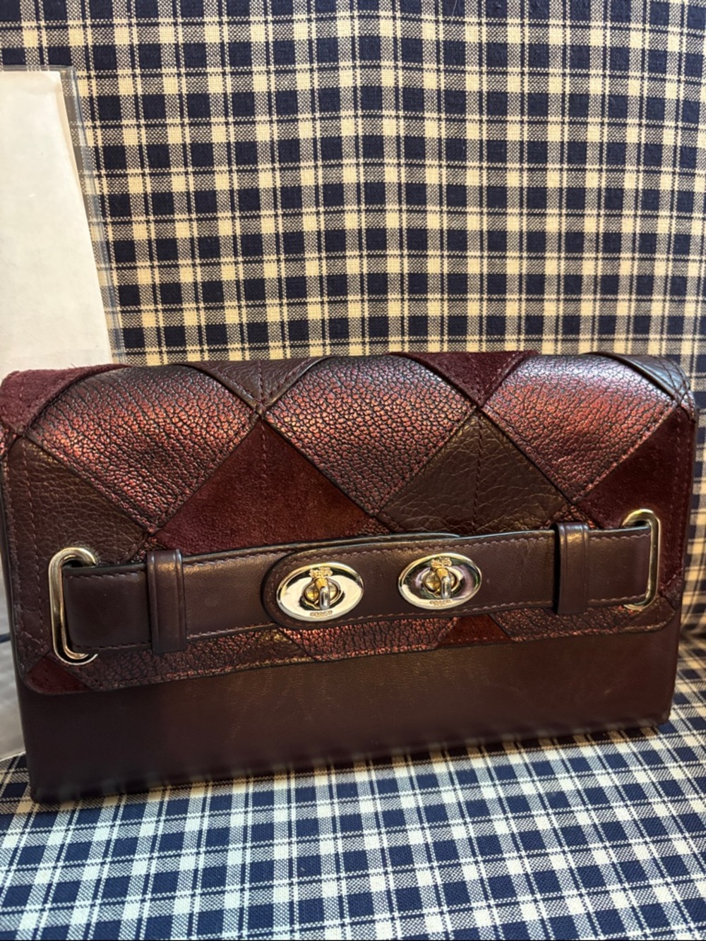 Coach leather and suede patchwork metallic cherry Blake Turnlock clutch - Picture 2 of 14